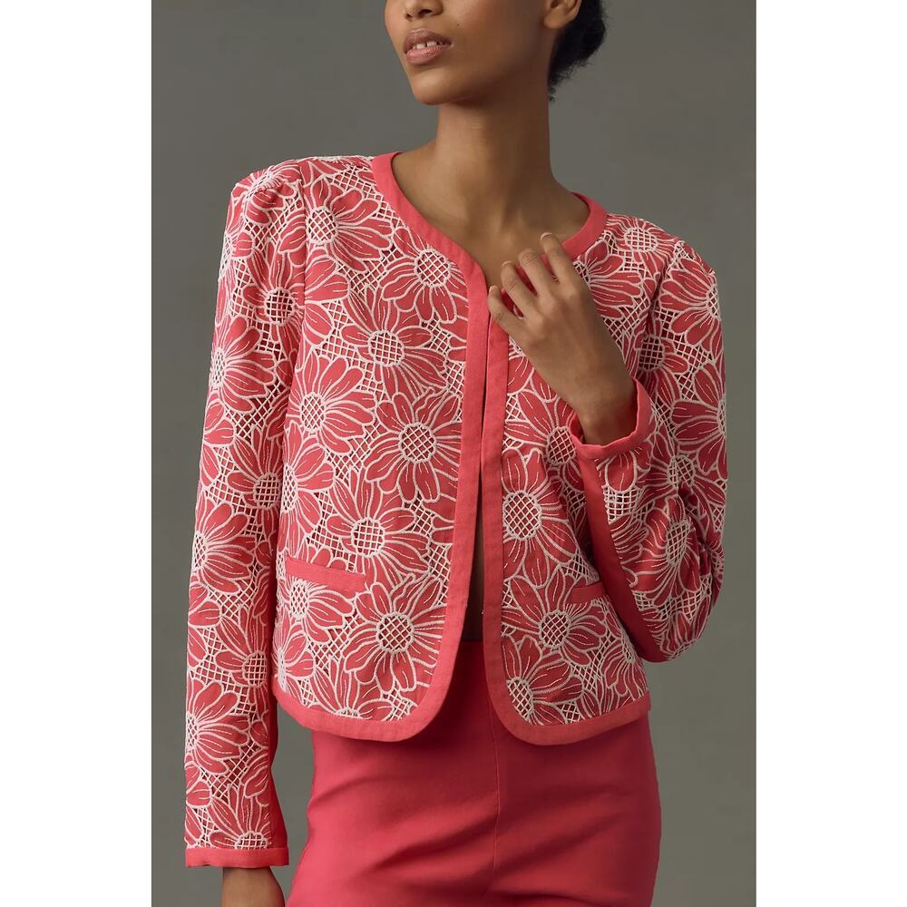 Anthropologie‎ NWT Dolan Pink & White Linen Cutwork Jacket Size M